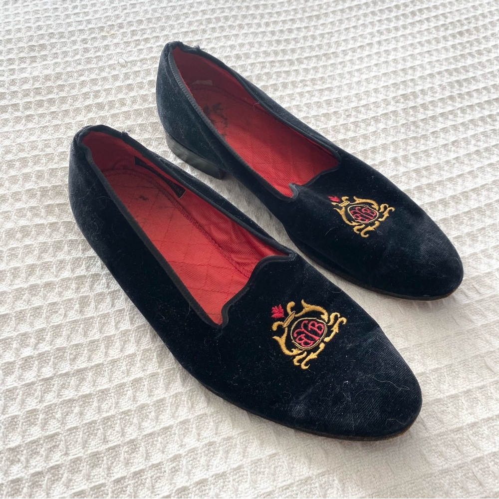 Peal & Co. for Brooks Brothers Black Velvet Loafers with Gold Embroidery size 10